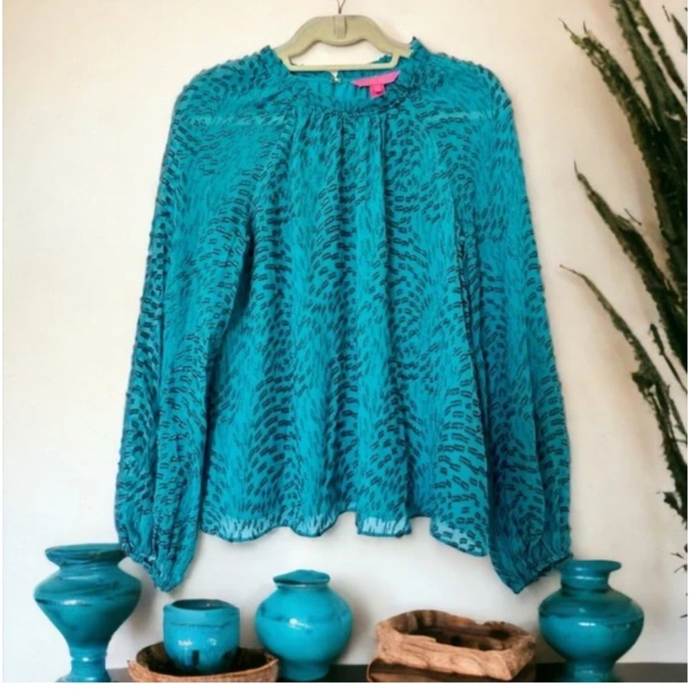 Lilly Pulitzer Caline Metallic Teal Bay Silk Swirl Clip Glitter Top - Picture 6 of 9